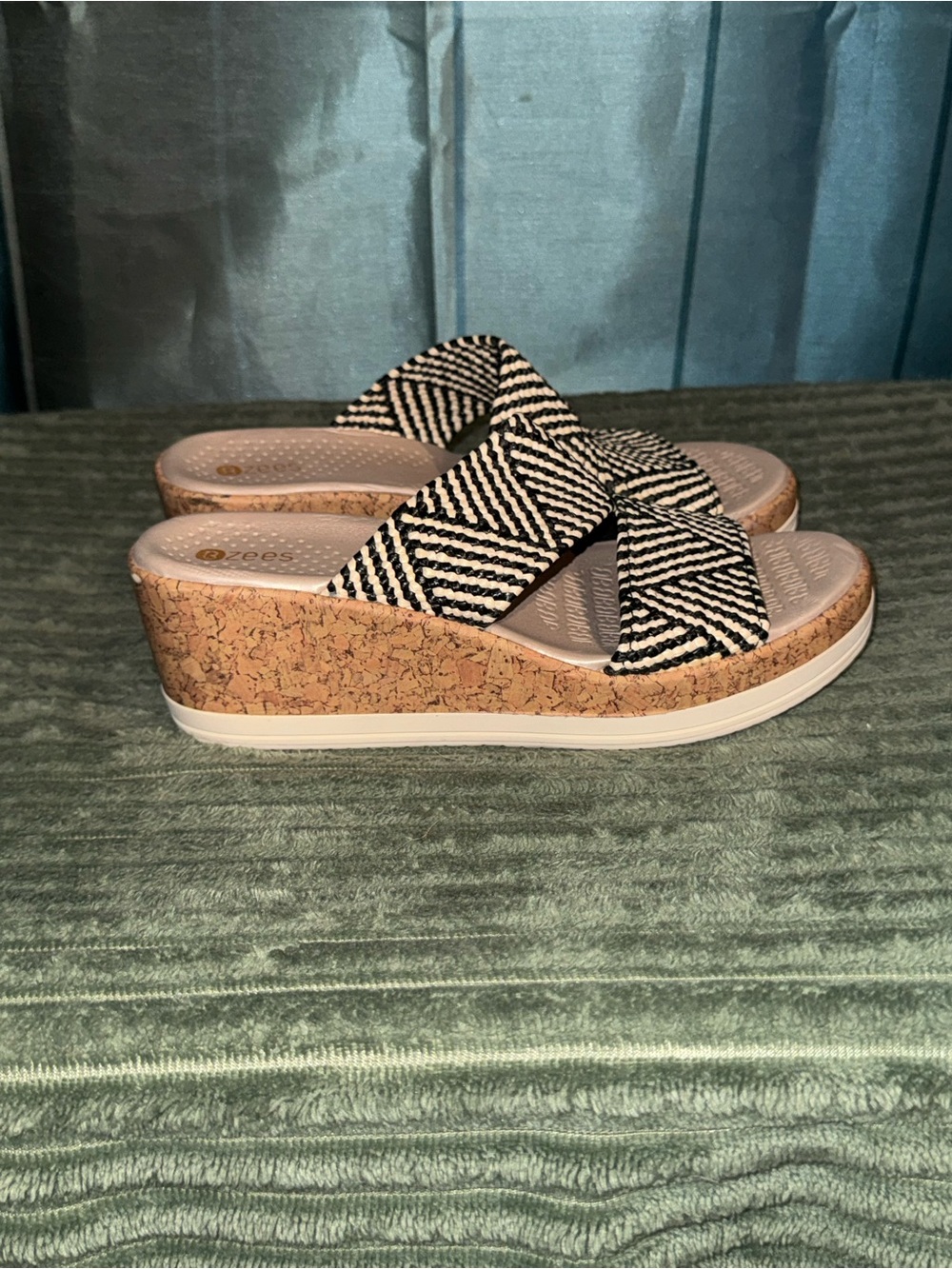 BZees Cork Wedge Slide Sandals with Black & White Striped Straps